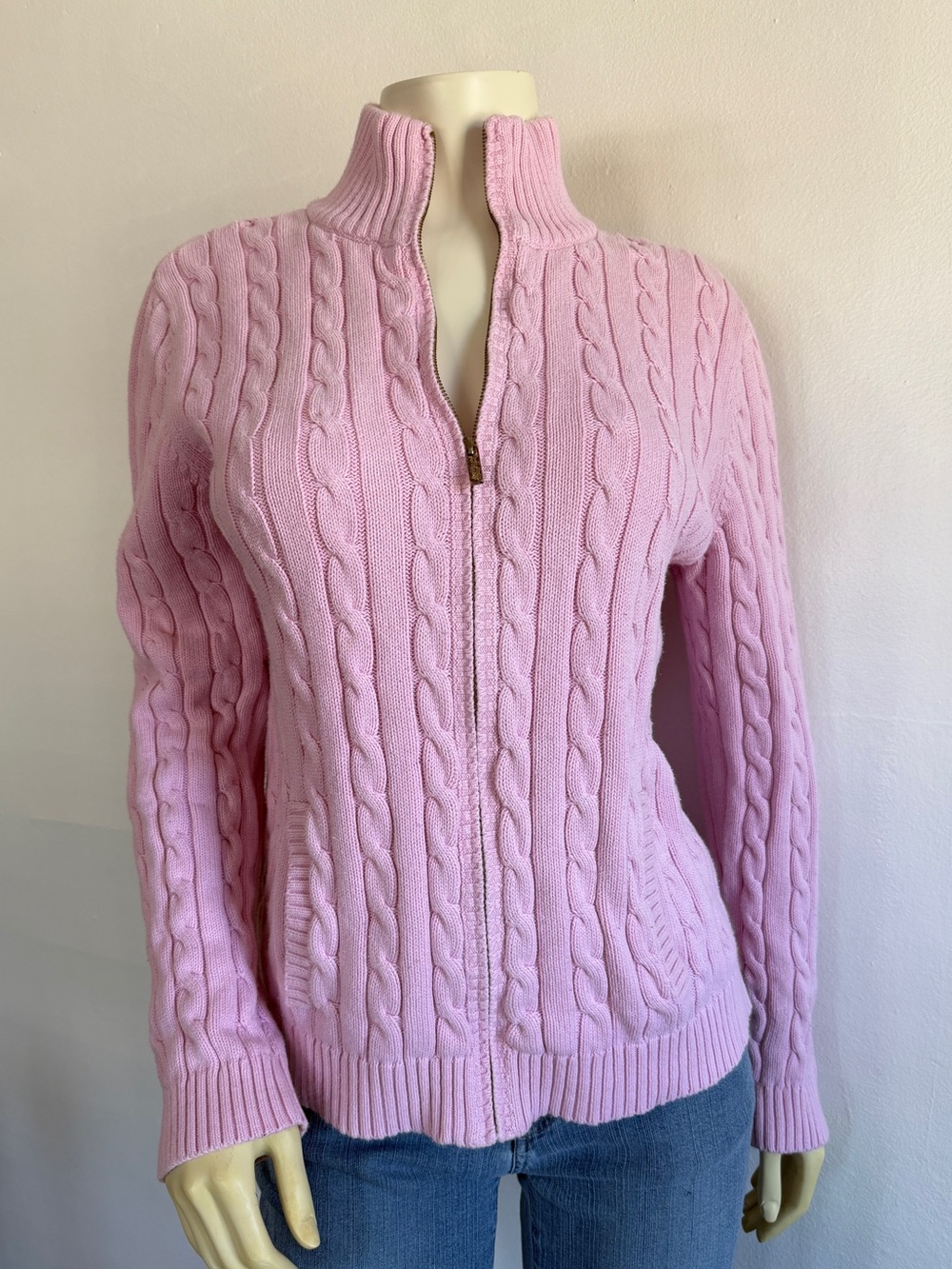 Vintage American Living 100% Cotton Baby Pink Cable Knit Zip-Up Sweater L